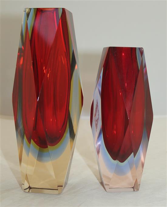 Two Murano three colour Sommerso faceted glass vases, possibly Mandruzzato, 1960s-70s, 16.5cm - 20.5cm, one with label Bonora & C.